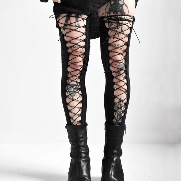 Noctex Lace Up Leg Warmers Thigh Highs Black Medium - Picture 2 of 3